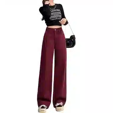 怪力萝莉 宽松复古高腰牛仔裤 女款 酒红色