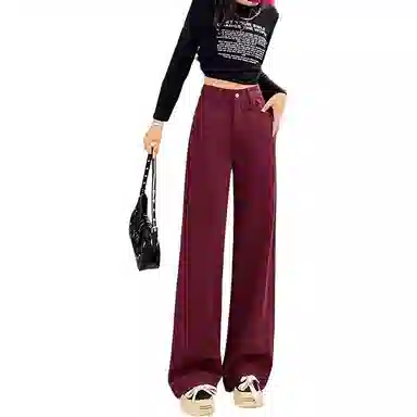 怪力萝莉 宽松复古高腰牛仔裤 女款 酒红色