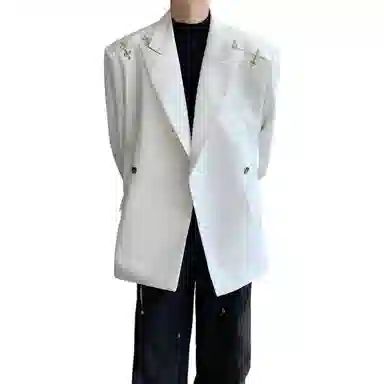 美式高街小众解构金属飞机扣垫肩痞帅休闲高级感纯色宽松百搭外套西装 男女同款