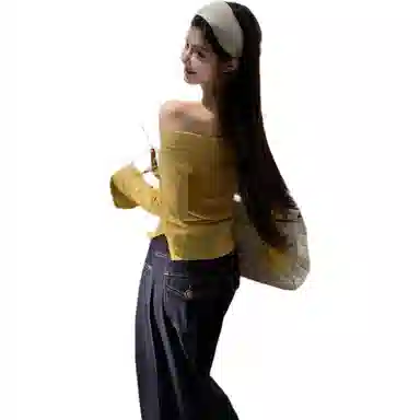 水中花 微透长袖修身斜领韩版上衣针织衫 女款