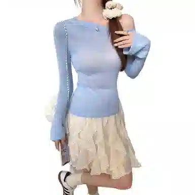 水中花 微透长袖修身斜领韩版上衣针织衫 女款