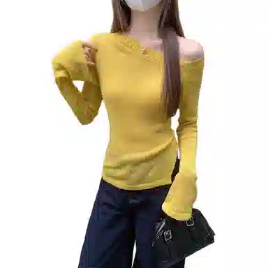 水中花 微透长袖修身斜领韩版上衣针织衫 女款