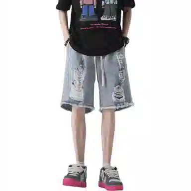 零氏 美式高街勾丝破洞破坏刺绣抽绳休闲五分牛仔短裤 男女同款