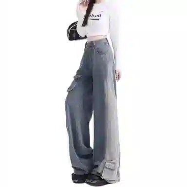 欧迪芬 美式水洗做旧不规则对称立体口袋垂感宽松阔腿百搭休闲牛仔裤 女款 复古蓝