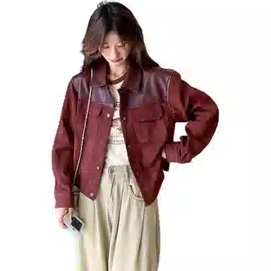邓大喵 安可拉红皮衣外套女春秋短款仿鹿皮港风拼接上衣夹克 女款