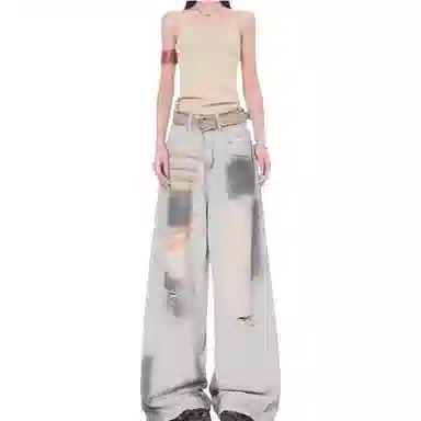 欧迪芬 高街破洞做旧水洗裤女高腰宽松显瘦阔腿裤垂感舒适时尚个性潮流牛仔裤 女款