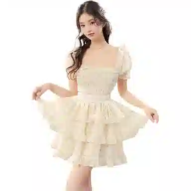 水中花 方领简约优雅短袖连衣裙 女款