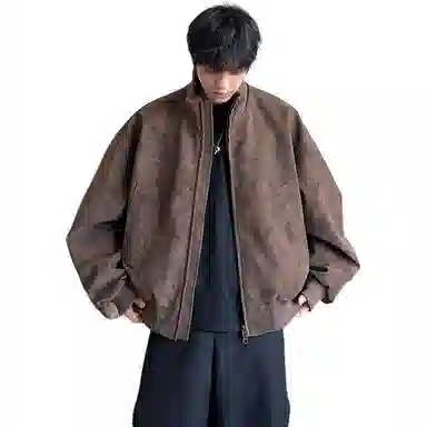 拓菲 美式复古扎染皮衣外套春秋季款廓形立领棒球服短款飞行夹克 男女同款