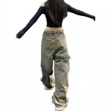 袋鼠 美式街头重工水洗破洞假两件拼接做旧设计感宽松垂感嘻哈废土风显高显瘦休闲直筒百搭牛仔裤 男女同款 复古蓝