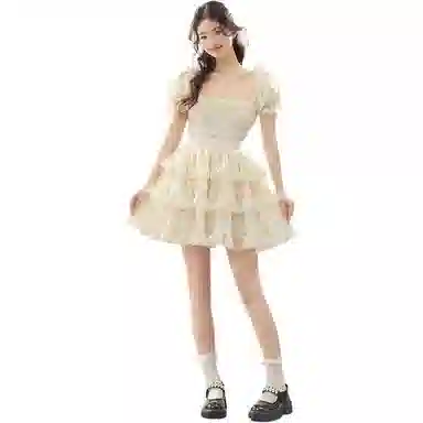 水中花 方领简约优雅短袖连衣裙 女款