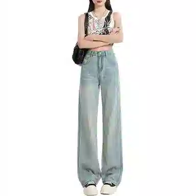 欧迪芬 美式基础水洗浅色系直筒女春夏阔腿小个子高腰宽松垂感牛仔裤 女款 浅蓝色