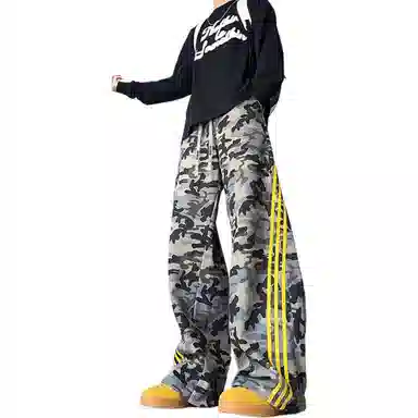 大卫贝肯 弯刀经典小众迷彩条纹微喇长裤美式高街复古品牌字母抽绳设计高级感宽松直筒显高阔腿工装休闲裤 男女同款