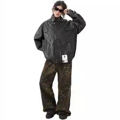 【个性痞帅PU皮工装拉链机车服】布客行 潮酷前卫时髦摩登赛博朋克纯色宽松休闲百搭学院风美拉德翻领设计防风防水潮流  夹克 男女同款