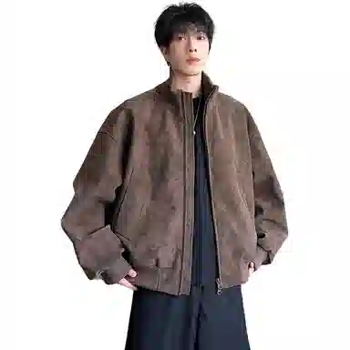 拓菲 美式复古扎染皮衣外套春秋季款廓形立领棒球服短款飞行夹克 男女同款