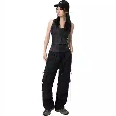 欧迪芬 美式潮流高街复古褶皱街头时尚宽松直筒工装裤 女款