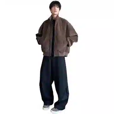 拓菲 美式复古扎染皮衣外套春秋季款廓形立领棒球服短款飞行夹克 男女同款