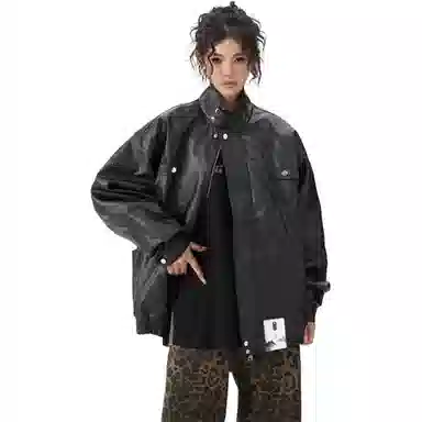 【个性痞帅PU皮工装拉链机车服】布客行 潮酷前卫时髦摩登赛博朋克纯色宽松休闲百搭学院风美拉德翻领设计防风防水潮流  夹克 男女同款