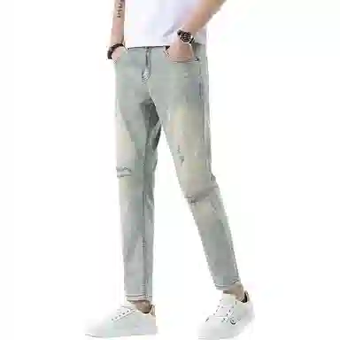 吉肯蒂 高端破洞九分裤修身潮牌小脚直筒牛仔裤 男款