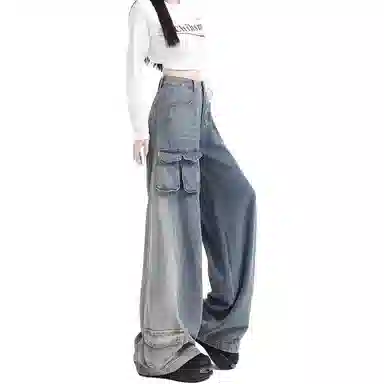 欧迪芬 美式水洗做旧不规则对称立体口袋垂感宽松阔腿百搭休闲牛仔裤 女款 复古蓝