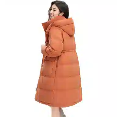 鸭鸭 纯色连帽加厚中长款通勤收腰韩系修身羽绒服 女款
