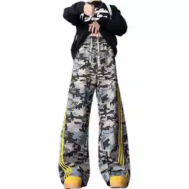 大卫贝肯 弯刀经典小众迷彩条纹微喇长裤美式高街复古品牌字母抽绳设计高级感宽松直筒显高阔腿工装休闲裤 男女同款