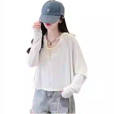水中花 夏季冰丝薄款宽松透气防紫外线电动车骑车连帽防晒服截短外套 女款
