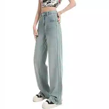 欧迪芬 美式基础水洗浅色系直筒女春夏阔腿小个子高腰宽松垂感牛仔裤 女款 浅蓝色