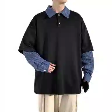 洋气先生 美式复古简约假两件拼接格纹设计感翻领宽松休闲日常百搭学院风长袖韩版高街潮牌时尚亨利领纯色文艺风户外卫衣 男女同款