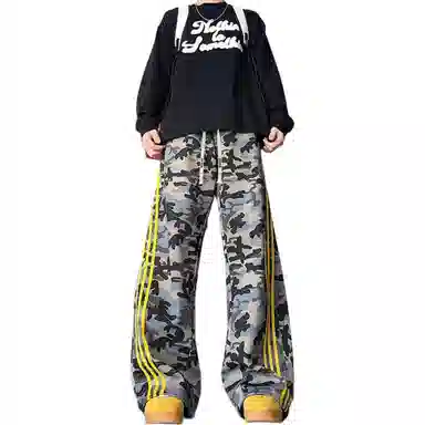 大卫贝肯 弯刀经典小众迷彩条纹微喇长裤美式高街复古品牌字母抽绳设计高级感宽松直筒显高阔腿工装休闲裤 男女同款