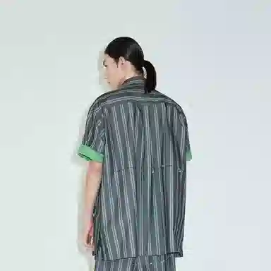 速写 工装条纹中长款翻领短袖衬衫 男女同款
