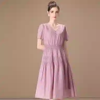 粉红玛琍 春 抽褶短袖连衣裙 收腰 女款 紫色