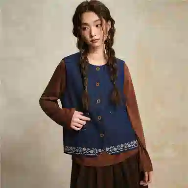 佐丹奴 撞色绣花下摆圆领牛仔外套马甲 女款