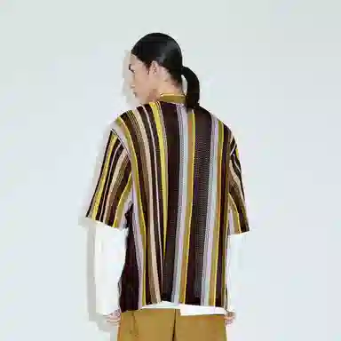 速写 条纹短款单排扣翻领短袖针织衫 男款