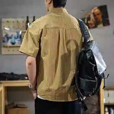 遨宇 美式高端休闲潮牌泡泡肌理感冰丝凉感衬衫男薄款户外痞帅休闲工装短袖衬衣 男女同款