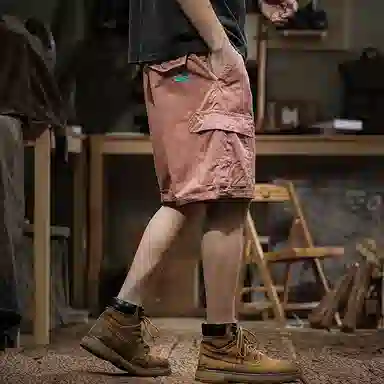 遨宇 美式复古薄款工装宽松直筒五分裤潮流纯棉中裤带简约纯色百搭休闲短裤 男女同款