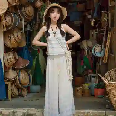 森女部落 原创拼接蕾丝渐变吊带外穿度假风波西米亚风 女款