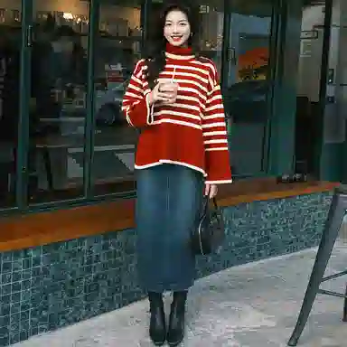 美洋 文艺复古条纹高领宽松毛衣 女款