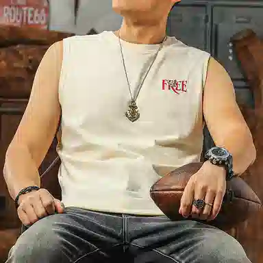 季言 夏季 复古磨毛男士纯棉运动健身美式坎肩透气背心 男款 坯色