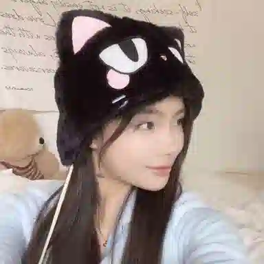 恩僾德 可爱猫耳朵毛绒绒加绒加厚保暖骑车 聚酯纤维 帽子 男女同款情侣款