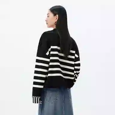 太平鸟 简约条纹毛针织衫时尚线套衫宽松毛衣内搭 女款