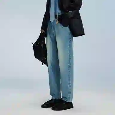 速写 棉质直筒水洗纯色中腰九分牛仔裤 男款 牛仔藏青