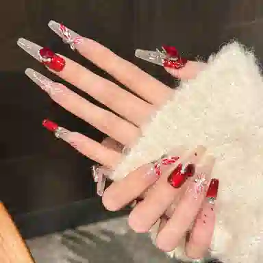 凡泽 花火蝴蝶法式安可拉红  穿戴甲 尖型酒红渐变 纯欲