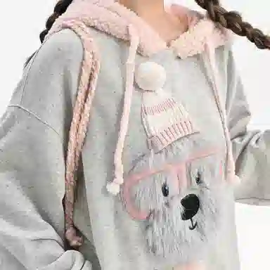 森女部落 潦草小狗闺蜜装连帽萌趣风拼贴套头可爱卫衣 女款