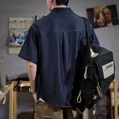 遨宇 夏季 美式休闲复古多口袋缉明线重磅牛仔工装短袖衬男五分袖衬衣休闲外套衬衫 宽松型 男女同款