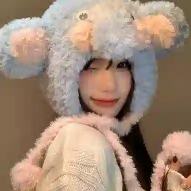 恩僾德 时尚百搭高颜值海盐蓝色小清新卡通针织帽子女生显脸小冬季保暖围巾一体三件套 涤纶 绒线帽 男女同款情侣款