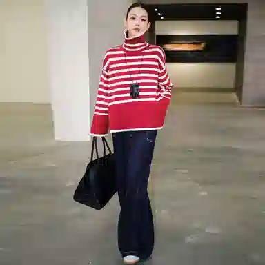 美洋 文艺复古条纹高领宽松毛衣 女款