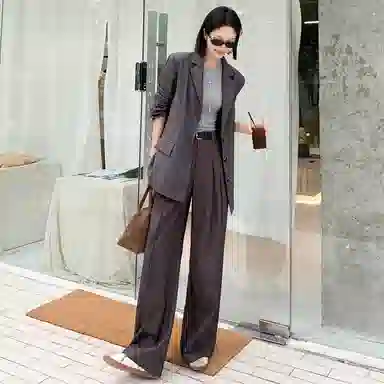 美洋 蝴蝶结 麻感花纱后开叉绑带通勤休闲西装 女