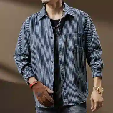 贵色 休闲百搭牛仔翻领帅气大码美式复古条纹潮流百搭叠穿蓝色长袖衬衫 男女同款