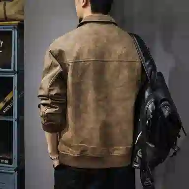 前进牛 美式休闲复古潮牌百搭宽松工装皮衣 男款