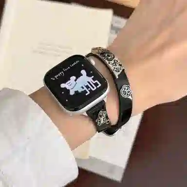 老佳 苹果适用 手表表带 牛皮材质 卡通小狗牛皮双圈表带男女通用